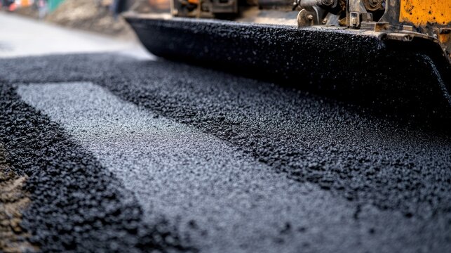 Close-up of asphalt paving machine laying fresh asphalt on a road surface