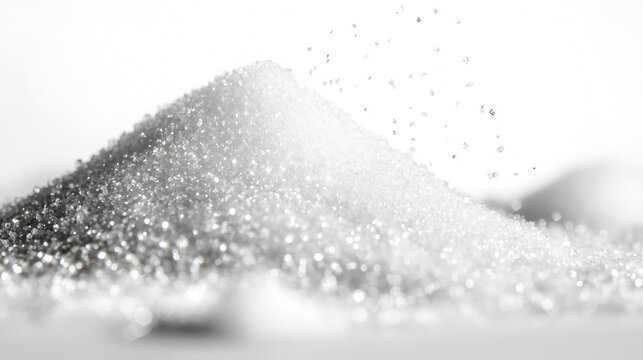 Sparkling granulated crystals form a glistening pile, some particles flying through the air against a bright white backdrop.
