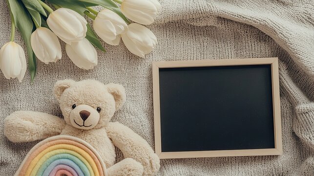 pregnancy announcement featuring off white tulips, a black letterboard with light wooden frame, a colorful rainbow toy, a soft teddy bear