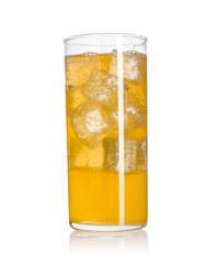 Sweet soda water with ice cubes in glass isolated on white