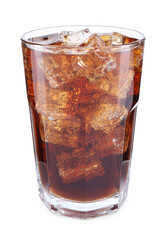 Sweet soda water with ice cubes in glass isolated on white