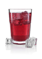 Sweet soda water in glass and ice cubes isolated on white