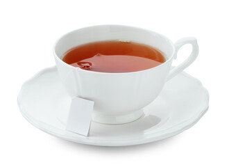 Tea bag in cup with hot drink isolated on white