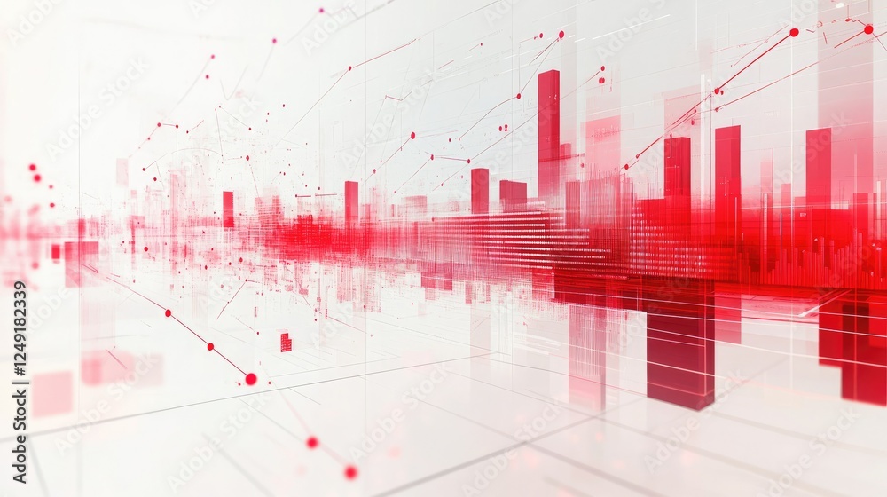 Poster rising red arrow with gridlines, bar charts, and data points displayed over a clean white background