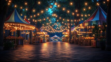 Obraz premium Night market with colorful tents and string lights.