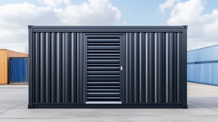 Obraz premium Modern Industrial Shipping Container with Unique Door Design Against a Clear Blue Sky Background