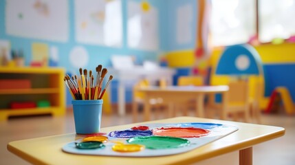 Vibrant paint palette and creative mess in a children's art space filled with laughter
