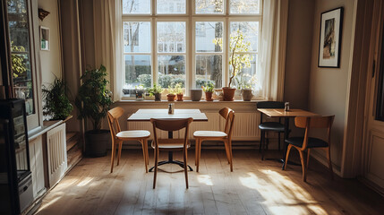 cafe in Sweden with minimalist furniture, neutral tones, and large windows letting in natural light 