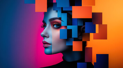 Woman Portrait made of geometric shapes, bold colors, and gradient background