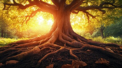 Naklejka premium Majestic ancient tree roots, sunset park, nature background, website banner