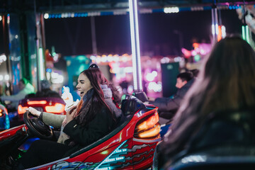 Obraz premium A group of friends riding bumper cars during a festive carnival night, enjoying laughter and exciting lights. The scene captures the joy of togetherness and the thrill of carnival activities.