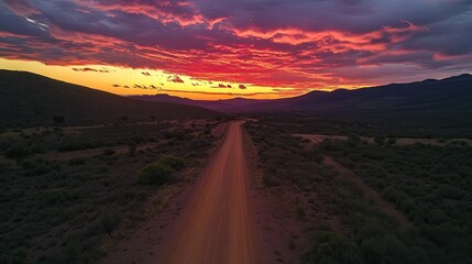 Fototapeta premium Sunset colors the sky in rich oranges and reds, as a dirt road stretches endlessly through the Karoo open terrain.