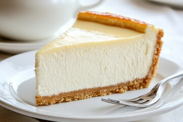 A slice of creamy cheesecake on a white plate, accompanied by a fork.