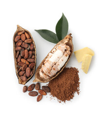 Cocoa pods with beans, powder and butter isolated on white, top view