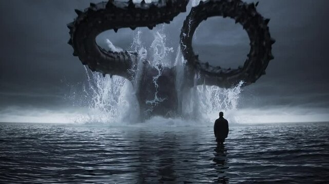 Mysterious sea monster rising from dark ocean waters near solitary man figure. Generative ai