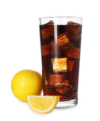 Refreshing cola with ice cubes in glass and lemon isolated on white