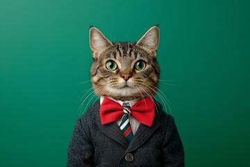 Cute cat in a school uniform standing against a green background.