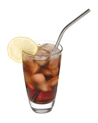 Refreshing cola with slice of lemon, ice cubes and drinking straw in glass isolated on white