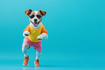 Cute funny dog in a sports outfit ready to run against a blue background.