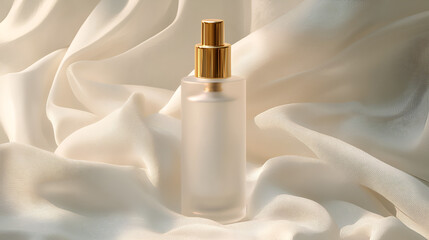Naklejka premium Elegant frosted bottle with a golden pump, displayed on luxurious, flowing white fabric illuminated by soft, natural light.