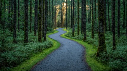 Obraz premium Serene winding path through lush green forest with soft sunlight filtering in