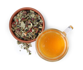 Delicious herbal tea and dry leaves isolated on white, top view