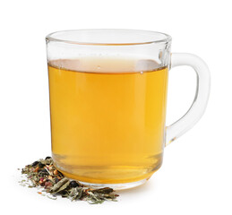 Delicious herbal tea and dry leaves isolated on white