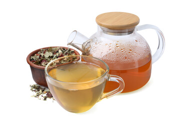 Delicious herbal tea and dry leaves isolated on white