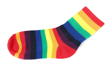 One sock in LGBT colors on white background, top view
