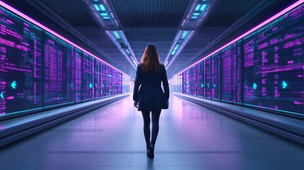 Obraz premium Woman Walking in Futuristic Data Center with Neon Lights and Digital Code in a High-Tech Environment