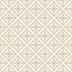 Abstract golden vector seamless pattern. Simple floral geometric ornament with ethnic folk motif. Retro vintage background. Gold and white texture with flower silhouettes, organic shapes, repeat tiles