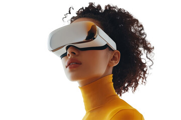 Isolated Modern Woman in Futuristic Headset with Gold Accents