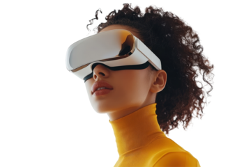 Isolated Modern Woman in Futuristic Headset with Gold Accents