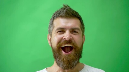 Different emotions face icons, character. Man Facial Emotions. Male Character, Furrow Brows, Angry, Shocked Expression. Studio close up portrait of bearded man with confused facial expression.