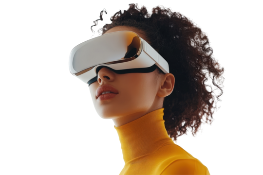 Isolated Modern Woman in Futuristic Headset with Gold Accents