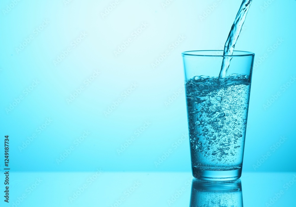 Wall mural Pouring soda water into glass on light blue background, closeup. Space for text