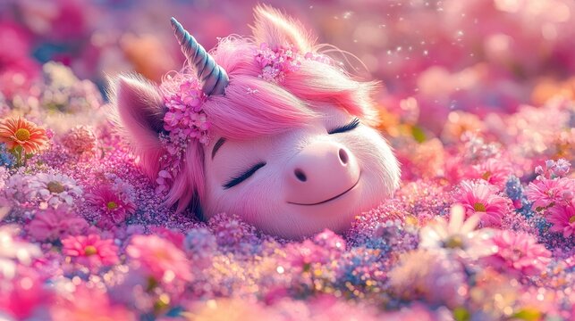 Pink unicorn sleeps in flower field, sunset