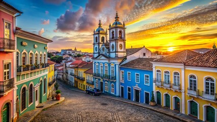 Sunset in Pelourinho, Salvador, Brazil: Colorful Colonial Architecture and Cobblestone Streets
