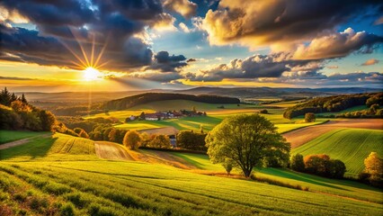 Fototapeta premium Sunset Landscape near Hirschberg, Germany: Golden Hour over Farmland Field