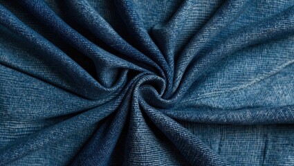 Fototapeta premium Close-up view of swirling dark blue fabric with textured patterns, creating an elegant and rich appearance