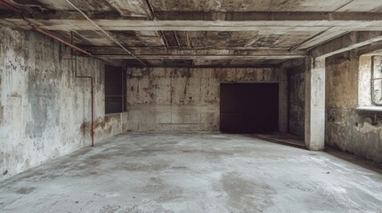 Obraz premium Abandoned, derelict interior space with peeling walls, stained floor, and a dark doorway.