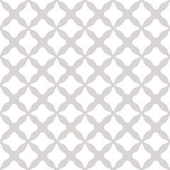 Abstract gray and white seamless pattern. Simple vector geometric floral ornament. Subtle background texture with bold flower silhouettes, leaves, lattice, curved lines, mesh. Elegant repeated design