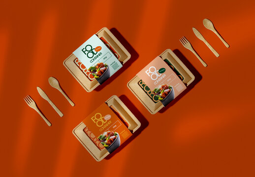 Food Container Packaging Mockup with Sustainable Wooden Cutlery