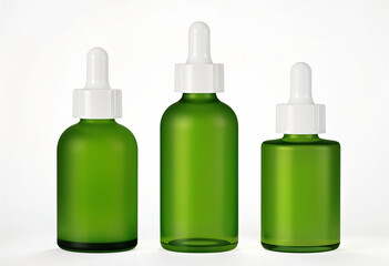 Three empty green serum bottles lined up, white background. Mockup cosmetic product