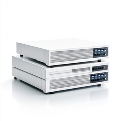 Modern Minimalist Design of Two Stackable White Audio Equipment Units Designed for Professional Use