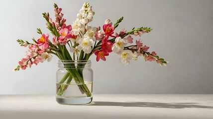 Obraz premium Glass jar with blooming pink and white spring flowers on a minimalistic white background with copy space
