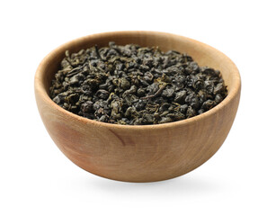 Dry tea leaves in bowl isolated on white