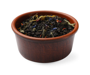 Dry tea leaves in bowl isolated on white