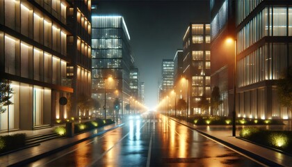 Wet asphalt reflecting city lights at night
