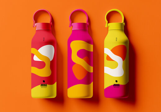 Front View of Three Aluminum Sport Bottle Mockup with Generative AI
